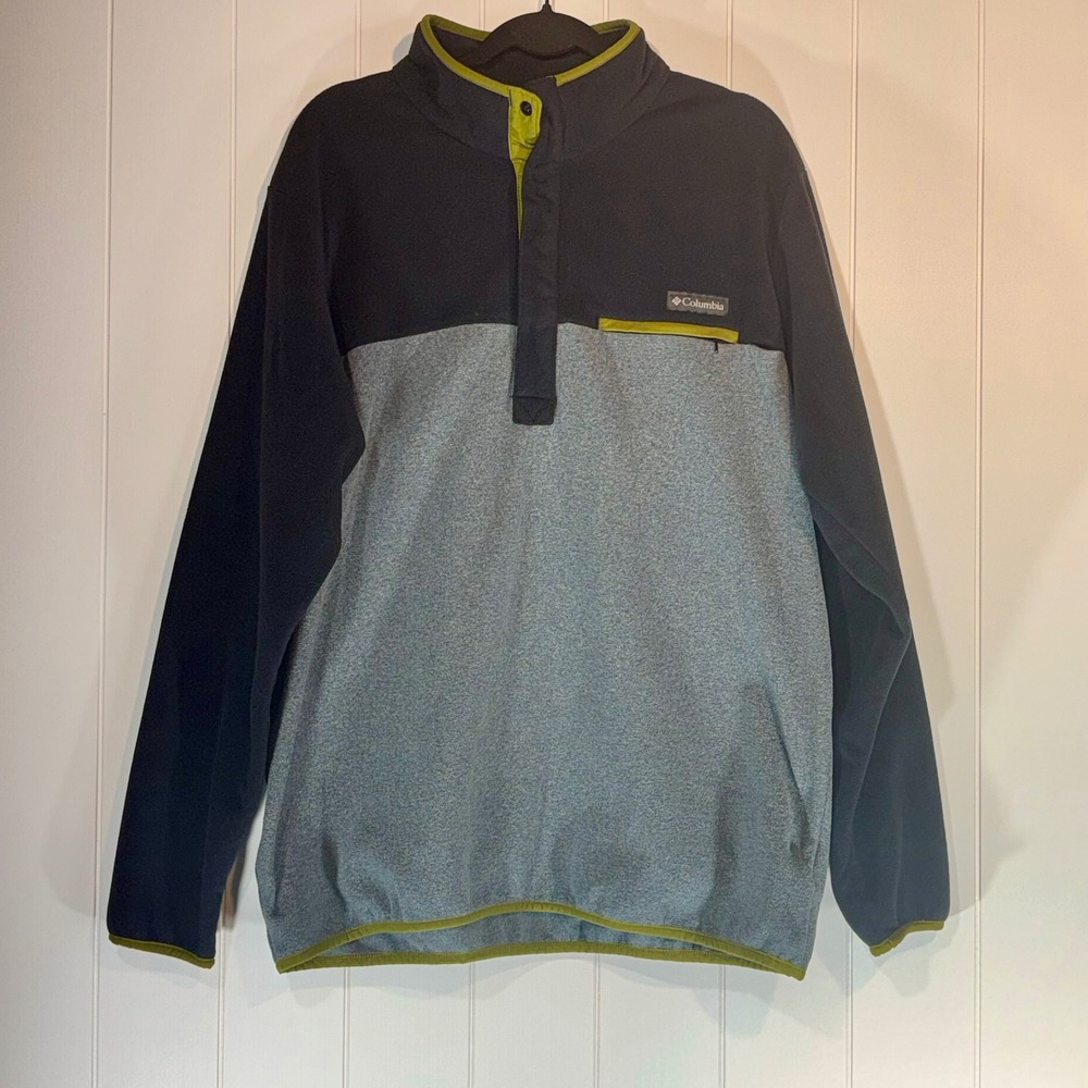 Columbia Mens Fleece Pullover Snap Mock Neck Gray Black Lime Green Large